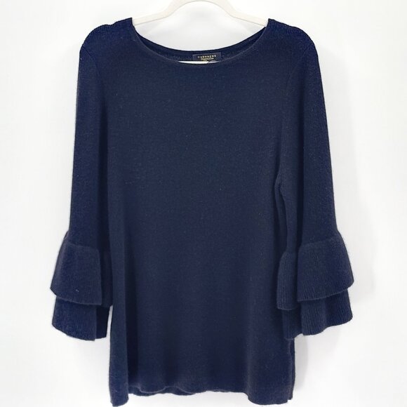 CHARTER CLUB Luxury100% Cashmere 3/4 Ruffle Bell Sleeve Sweater Black - Picture 2 of 4